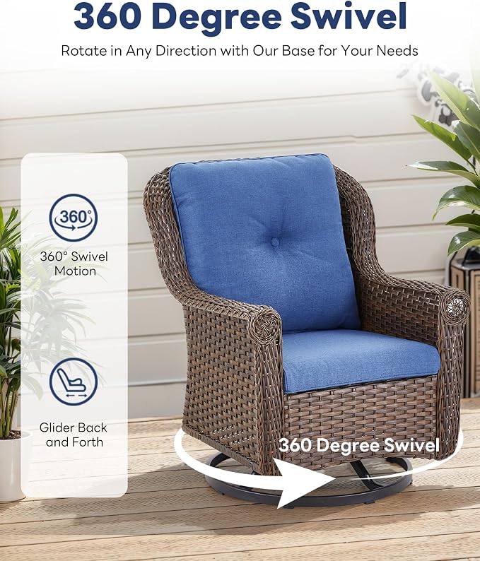 Patio Swivel Chairs Set of 2-High Back Swivel Rocker Outdoor Chair Patio Chair for Deck Porch Lawn Garden Backyard-Brown/Blue