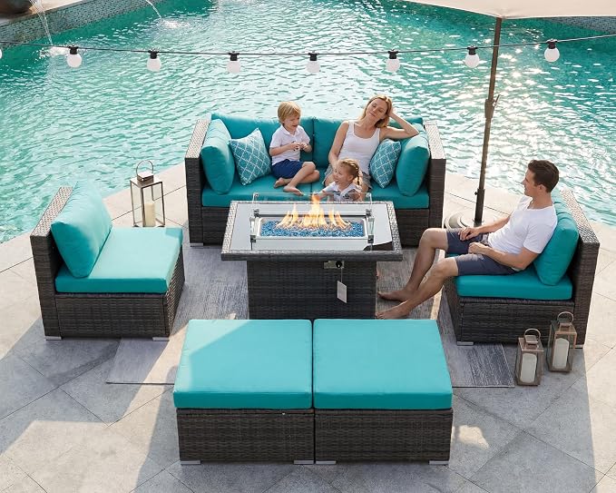 BULEXYARD 7 Piece High Back Outdoor Sectional Set with Fire Pit Table, Wicker Patio Furniture Set Weather-Resistant, Modular 6-Person Couch Sofa Comfortable Wide Deep Seats for Backyard, Grey & Teal