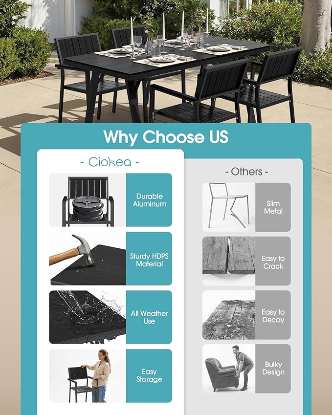 Ciokea Aluminum Outdoor Dining Sets for 4, Patio Table and Stackable Chairs Set with Umbrella Hole, All-Weather HDPS Durable Furniture for Backyard, Poolside, Lawn & Garden | 5-Piece, Black