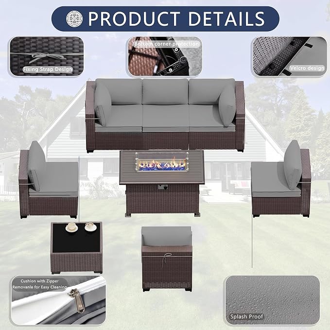 Outdoor Patio Furniture Set with Gas Fire Pit Table, 8 Pieces Patio Sectional Sofa, Outdoor Furniture Set w/43in Propane Fire Pit, PE Wicker Rattan Patio Conversation Sets (Grey)