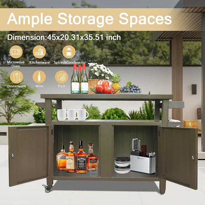 Metal Outdoor Storage Box and Grill Prep Cart with Wheels, 83 Gallon Deck Box for Patio Organization and BBQ Tool Storage, Lockable Cabinet for Garden Supplies, Brown, 51.67 x 20.31 x 35.51 Inches