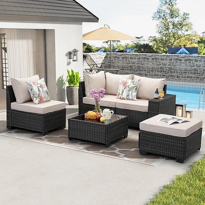 5 Pieces Outdoor Patio Furniture Set, Wicker Conversation Sets with Tea Table, Rattan Patio Sofa with Thick Cushions for Garden, Backyard, Poolside, Party, Beige