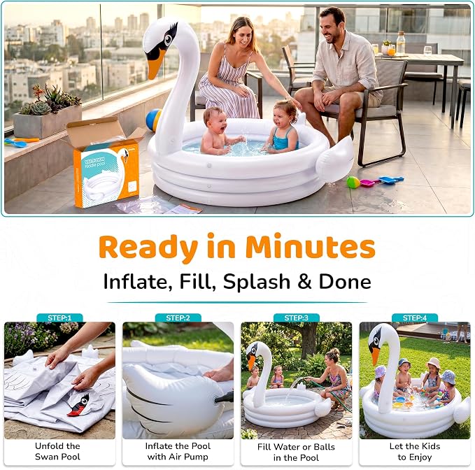 White Swan 48" Inflatable Kiddie Pool Holds 65 Gallons of Water - Kids Blow Up Kiddie Pools for Toddler 1-3, Summer Outdoor Kids Swimming Toys for Boys & Girls Play Center Kiddy Outdoor Swimming Pool