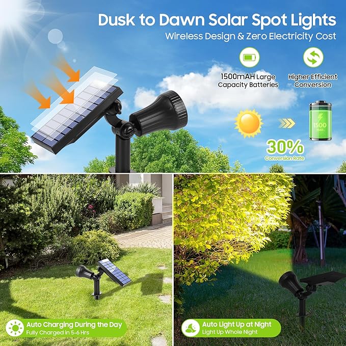800 Lumens Solar Powered Spot Lights Outdoor - Adjustable Solar Flood Lights with 30 LEDs, 3 Modes, IP65 Waterproof, Solar Light for Landscape, Yard, Garden, Driveway, Tree, Wall(Warm White, 6-Pack)