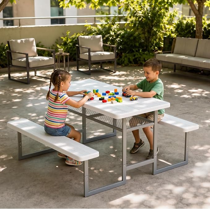 VINGLI 4.5ft Outdoor Picnic Table with Storage Shelf & 7.5 ft Umbrella, Wood Grain HDPE Top with Metal Frame Plastic Picnic Table for Dining Party Garden (White Table)