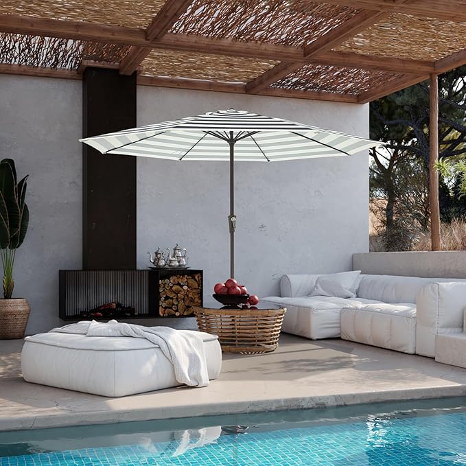 JEAREY 11' Patio Umbrellas Outdoor Table Market Umbrella w/Crank, 8 Sturdy Ribs, UV Protection Windproof for Garden, Deck, Backyard, Pool(Beige & Black Striped)