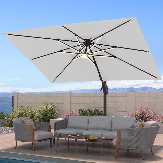 10x13 FT Patio Umbrella with Weighted Base and LED Lights Cantilever Outdoor Large Heavy Duty Rectangle Aluminum Offset Umbrellas Double Top 360 Rotation for Pool Deck Garden, Fog grey