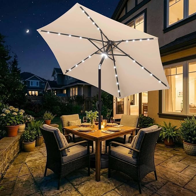 Jarka&Co 7.5ft Solar Patio Umbrella - Lighted Solar Outdoor Umbrella with 24 LED Lights Waterprool UV Protection, Market Table Umbrella with Tilt for Backyard, Garden, Pool, Porch (Beige)