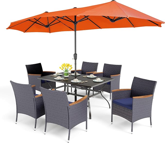 PHI VILLA 7pc Patio Dining Set w/Umbrella, Rectangular Table, Rattan Chairs | Outdoor Dining Set for 6, 60" Metal Table & 6 Cushioned Rattan Chairs with Red Umbrella for Outdoor, Deck, Yard, Porch