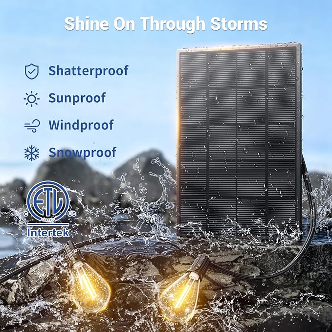 50FT Solar String Lights Outdoor Waterproof, 18+1 LED Solar Powered Lights with Remote Control, 3 Light Modes & Dimmable, USB-C Charging for Patio, Backyard, Garden, Camping