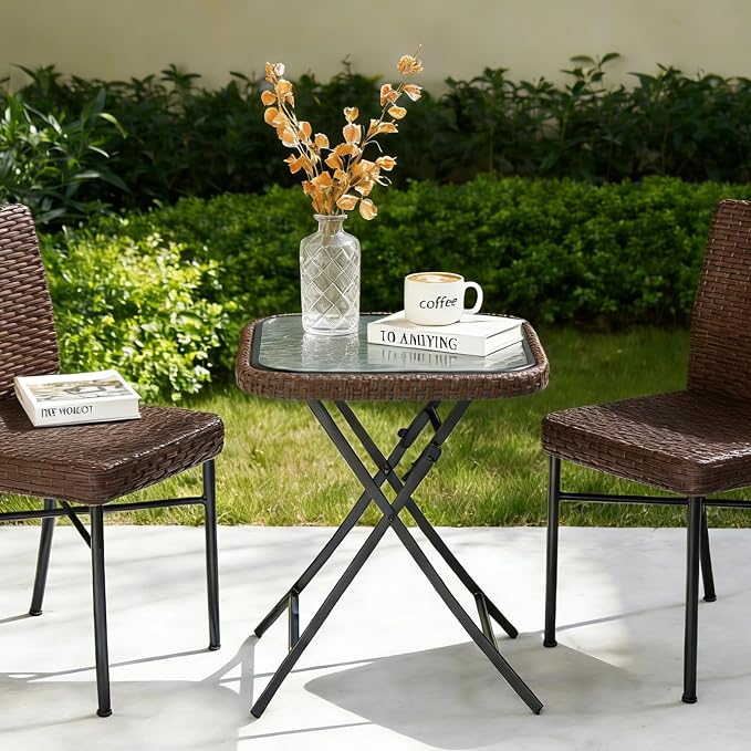 VINGLI 18in Modern Brown Rattan Folding Glass Outdoor Side Table, Small Patio Table with Tempered Glass Top,Rectangular,1 Pack