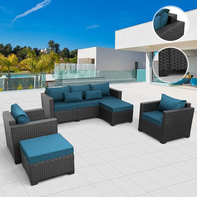 Rattaner Patio Furniture Set 5-Piece Outdoor Furniture Sets Wicker Patio Couch Chairs and Ottomans with Anti-slip Cushions and Waterproof Covers, Peacock Blue
