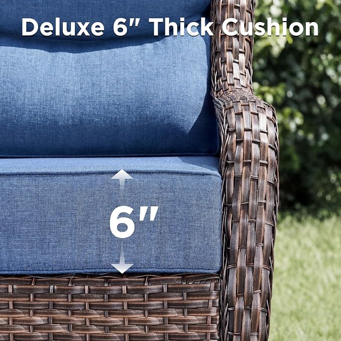 Luxury Patio Furniture Set with Fire Pit Table-4 Pieces High Back Wicker Swivel Rocker Chairs with 6" Extra Thick Cushions, Outdoor Patio Conversation Sets for Garden Deck(Brown/Blue)