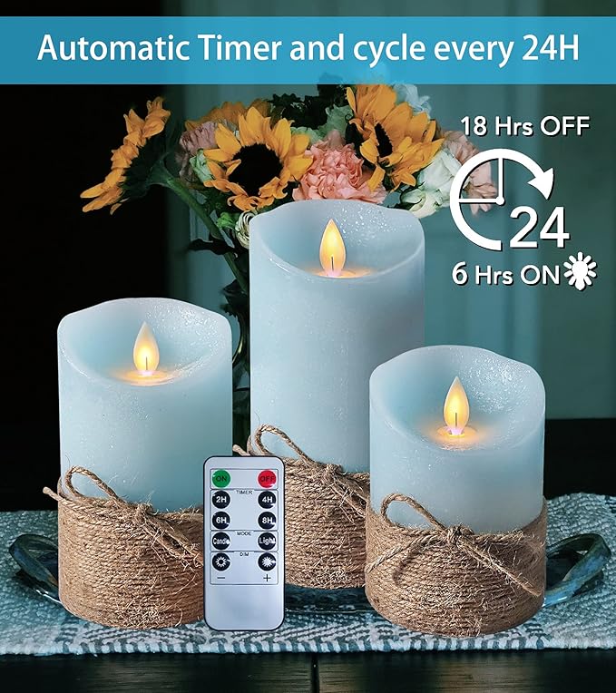 Ocean Blue Flameless Candles, Nautical Themed Led Pillar Candles with Remote & Timer, Decorative Flickering Candles for Gifts, Party, Wedding, Home Decorations - Set of 3