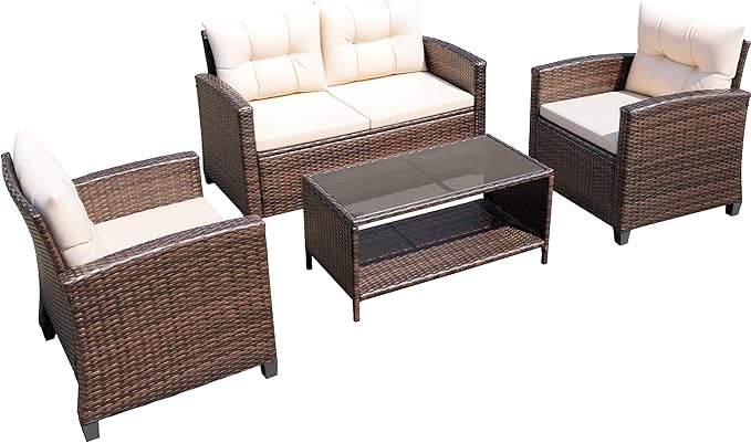 Devoko 4-Piece Patio Furniture Set, All-Weather PE Rattan Outdoor Conversation Set with Thick Cushions & Glass Coffee Table, Brown Wicker Patio Sofa Set for Backyard, Porch, Garden