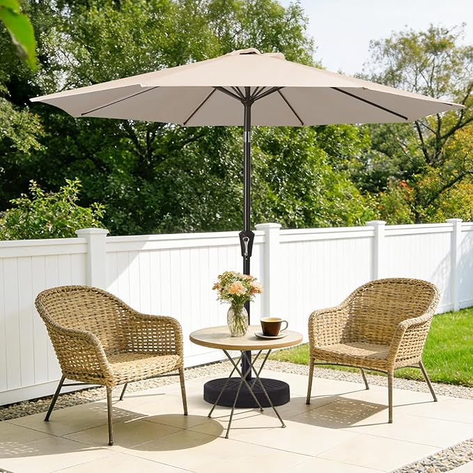 MEWAY 10ft Patio Umbrella Outdoor Table Umbrellas with Push Button Tilt and Crank, Market Umbrella 8 Sturdy Ribs for Deck, Garden, Pool and Backyard, Beige