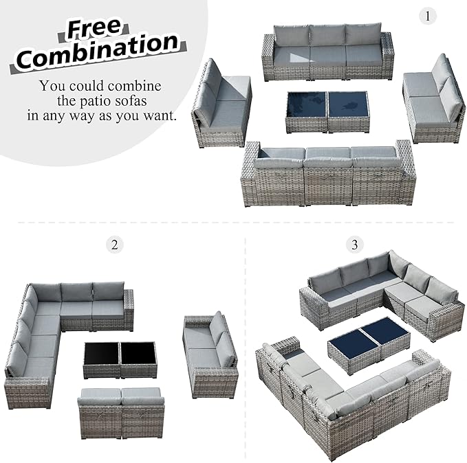 HOOOWOOO Outdoor Patio Sectional Furniture Sofa Set with Widened Armrest,12 Piece Large Modern Wicker Couch,Modular L Shaped Conversation Seating Set with Table for Out Door Garden Corner(Dark Grey)