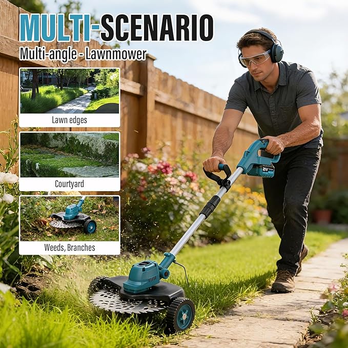 21000RPM Electric Weed Wacker Cordless-8000mAh, 1000W Weed Eater Battery Powered with Wheel, Adjustable Length, 4‑in‑1 Lightweight Grass Trimmer/Brush Cutter/Weed Trimmer/Edger Tool for Garden Yard