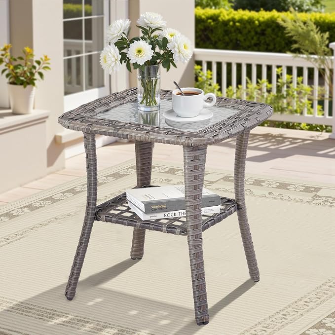 Outdoor Side Table with Storage Wicker Patio Side Table, Tempered Glass Top End Table for Balcony Porch Deck(Gray)