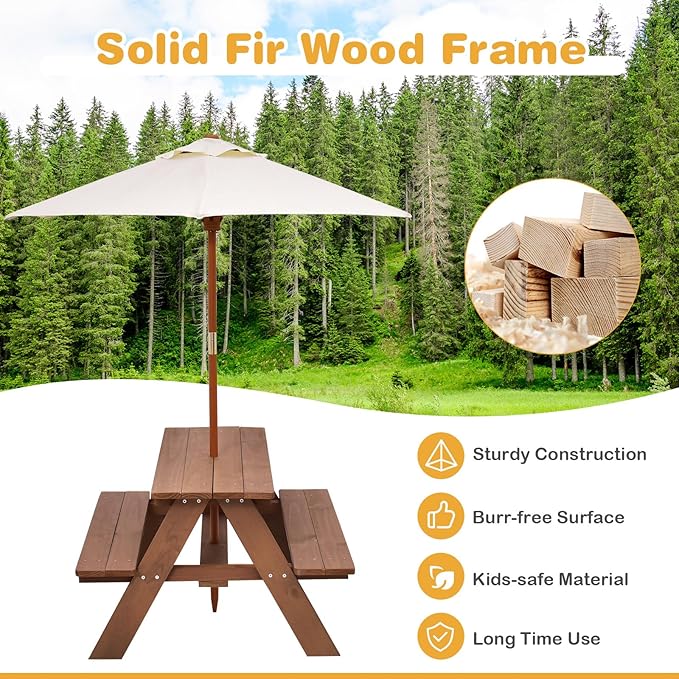 Kids Picnic Table, Wooden Kids Outdoor Table with Detachable Umbrella, Toddler Picnic Table for Patio, Garden, Backyard, Gift for Boys and Girls
