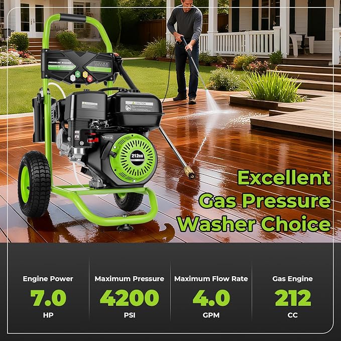 4200 PSI Gas Pressure Washer, 4.0 Max GPM 212CC 7HP Commercial Gas Power Washer, Spray Gun and Wand, 5 Nozzle Set, for Cars/Fences/Driveways/Homes/Patios/Furniture