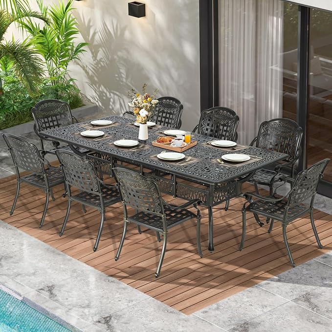 MEETWARM 9-Piece Outdoor Patio Dining Set, All Weather Cast Aluminum Patio Funiture Set for 8-94.5” Rectangular Table with 2" Umbrella Hole and 8 Chairs, Patio Table and Chairs Set, Dark Bronze