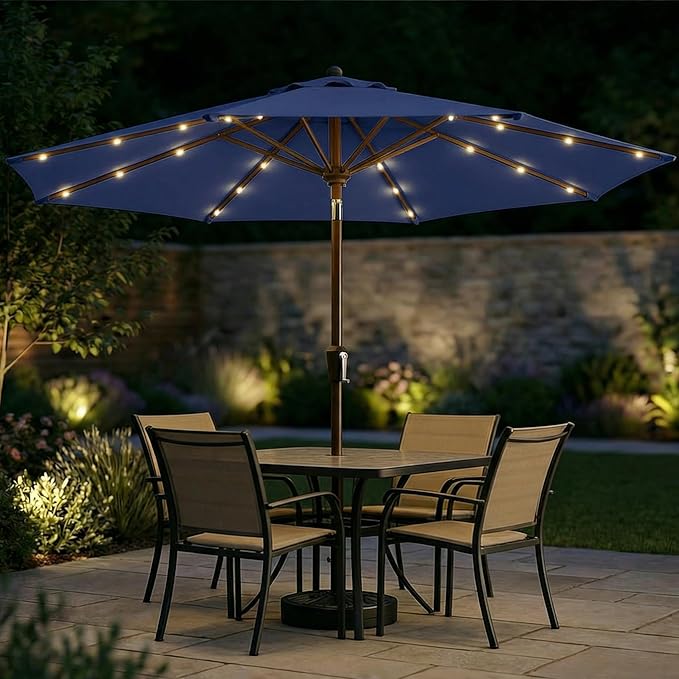 10FT Solar Patio Umbrella with Lights, Outdoor Table Market Umbrella with 32 LED Lights, 8 Sturdy Ribs, Push Button Tilt and Crank for Pool, Deck and Garden, UV-Resistant