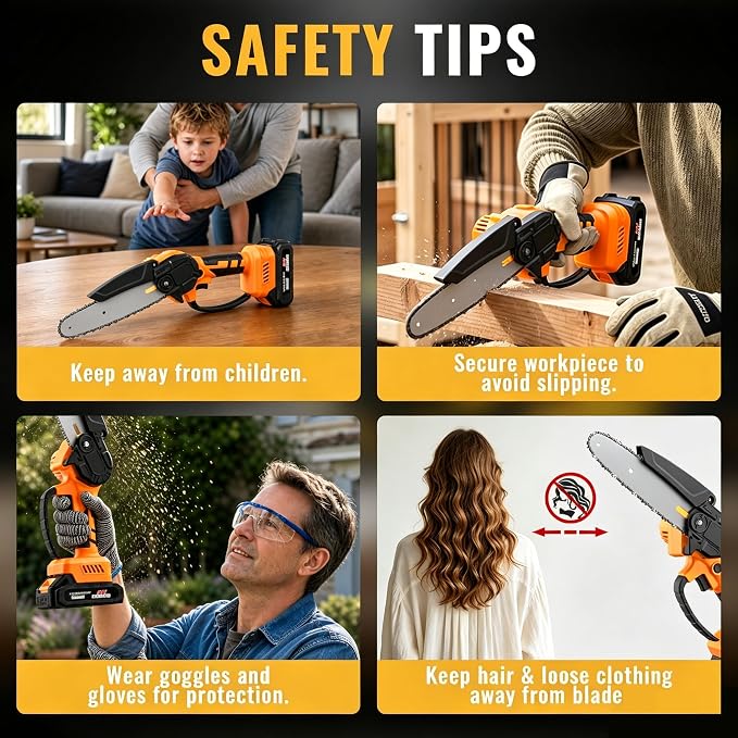 Mini Chainsaw Cordless,6-inch Electric Chain Saw with 2 Lithium Battery Powered,Hand Held Saw for Tree Trimming and Wood Cutting,Best Garden Tools,Unique Gift for boyfriend,father,Men,Orange