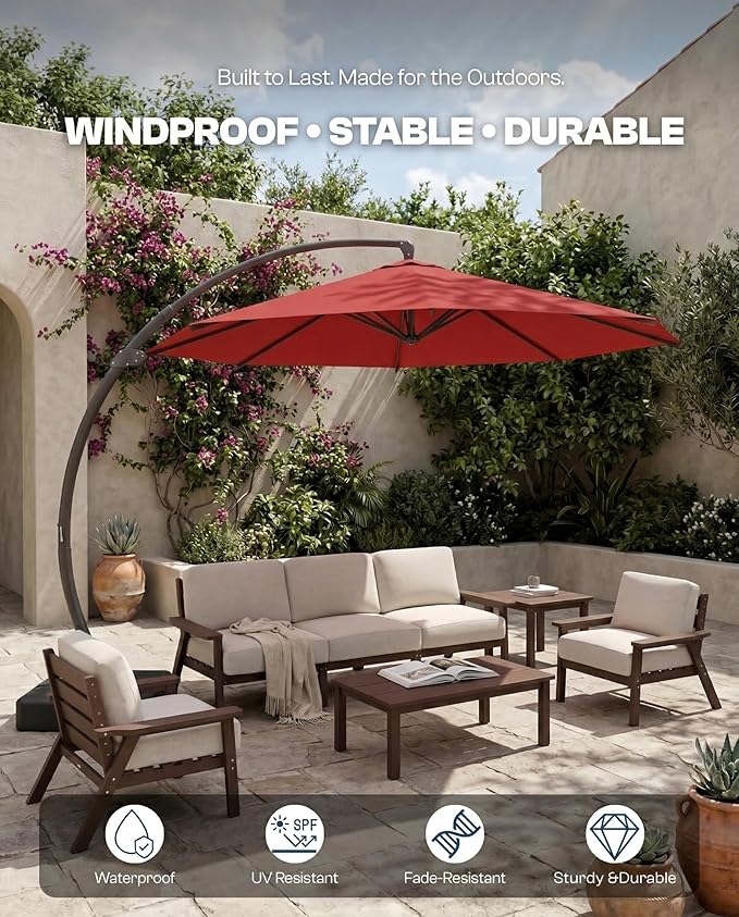 12 FT Cantilever Umbrella with Base Included, Large Round 360° Rotation Offset Umbrella Outdoor Patio, Heavy Duty Aluminum Frame, Sand-Weighted Stand, for Deck, Backyard, Pool, Garden (Red)