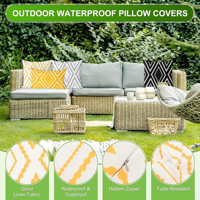 M METERXITY 2Pcs Boho Pillow Cover 17x17 Linen White Yellow Stripe | Water Resistant Boho Geometric Slipcover, for Patio, Balcony, Garden, Decor Pillow Case