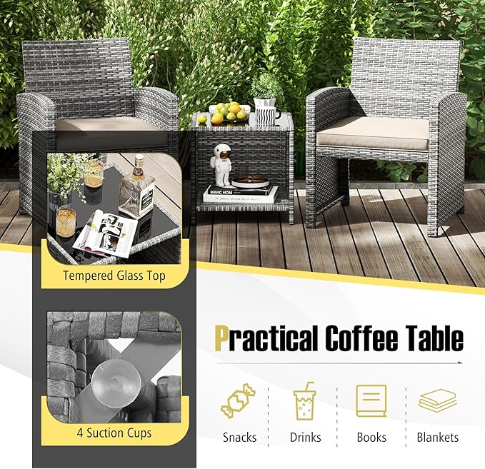 Tangkula 3 Pieces Patio Furniture Set, PE Rattan Outdoor Chairs with Tempered Glass Coffee Table & Soft Seat Cushions, Patio Bistro Set, Outdoor Conversation Set for Porch, Backyard Poolside (White)
