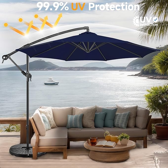 FLAME&SHADE 10ft Cantilever Patio Umbrella Outdoor, Large Offset Umbrella with Crank and Cross Base, UPF 50+ UV Protection Hanging Umbrella for Pool Deck Garden (Navy Blue)