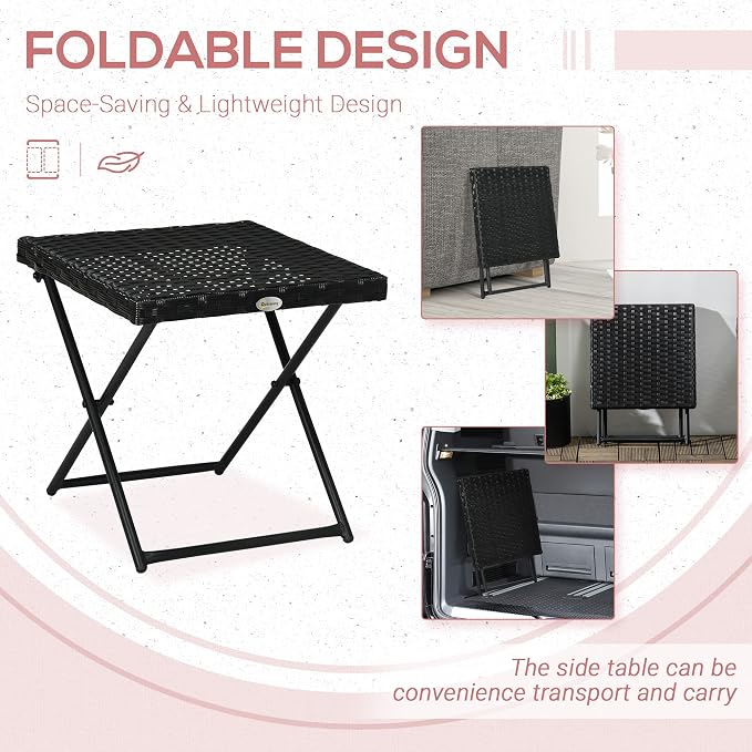 Outsunny Rattan Coffee Table Folding Patio Outdoor Side Table Wicker for Balcony, Porch, Poolside, 15.75"x15.75"x15.75", Black