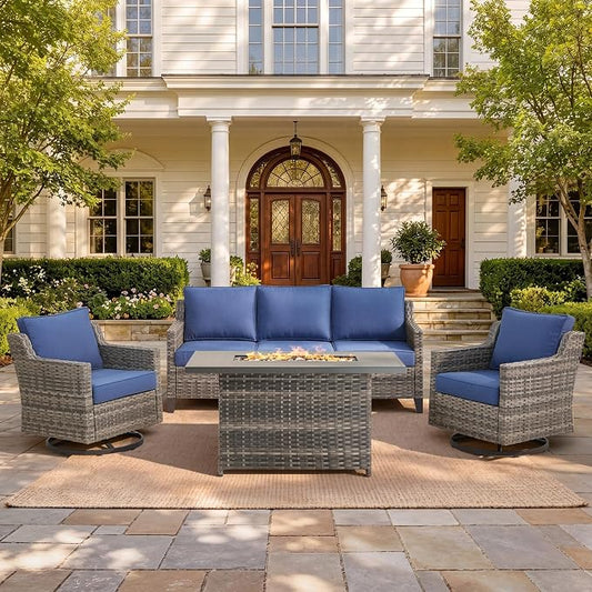 Belord Patio Furniture Set with Swivel Chair and 42.5" Fire Pit Table Sofa, Outdoor Furniture Set for Deck Porch Garden, 4 Piece Conversation Set,Blue