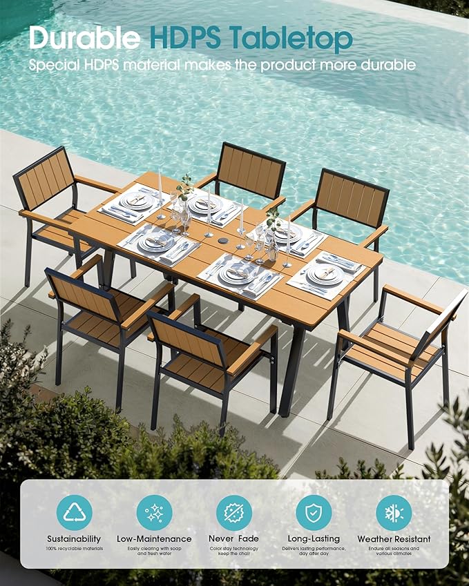 Ciokea Aluminum Outdoor Dining Sets for 6, Patio Table and Stackable Chairs Set with Umbrella Hole, All-Weather HDPS Durable Furniture for Backyard, Poolside, Lawn & Garden | 7-Piece, Teak