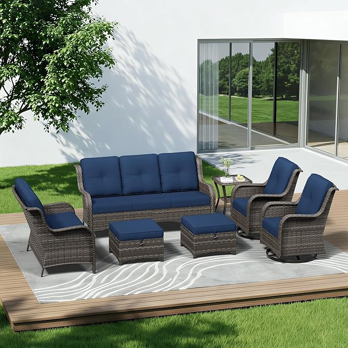 7 Piece Outdoor Wicker Patio Furniture Set, Outdoor Swivel Rocker Patio Chairs Set with Thickened Olefin Cushions, High Back and Deep Seating, Hand-Woven PE Rattan for Porch, Deck