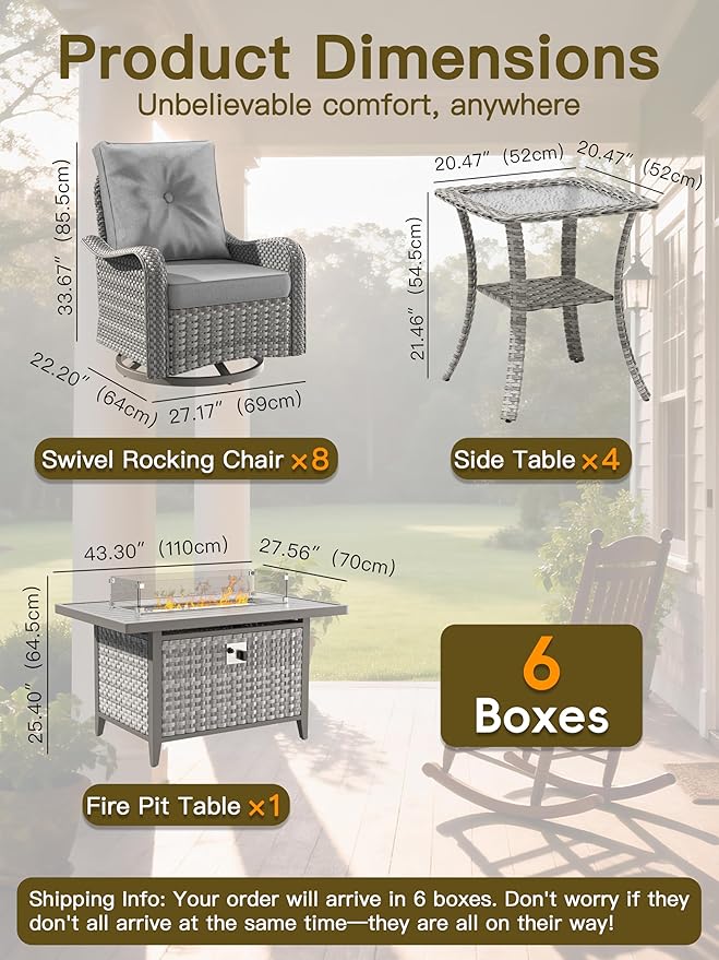 13-Piece Outdoor Conversation Set with 43" Fire Pit Table, 8 Swivel Rocking Chairs (4" Cushions) & 4 Side Tables, All-Weather PE Rattan & Steel Frame for Porch, Deck, Backyard, Grey