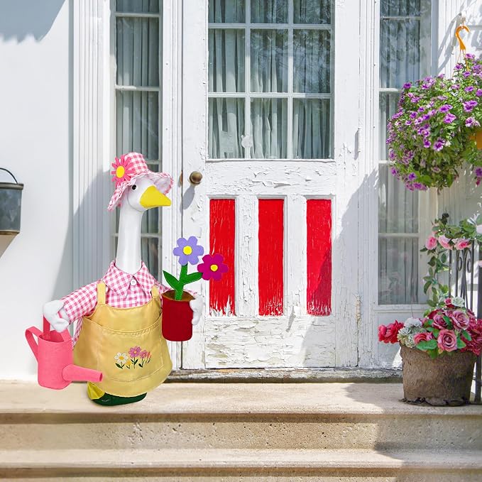Gardener Porch Goose Outfit Pink, Spring Goose Outfit Lawn Gooses Clothes Geese Costume for 23" Cement Plastic Geese Statue for Garden Yard Decoration