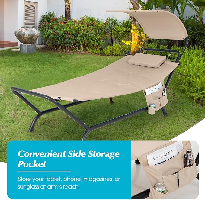 Giantex Hanging Hammock with Stand, Patio Hanging Chaise Lounge Chair w/Canopy, Cushion, Pillow & Storage Bag, Heavy Duty Swing Hammock Bed for Garden Lawn Backyard Patio Poolside Porch (Beige)