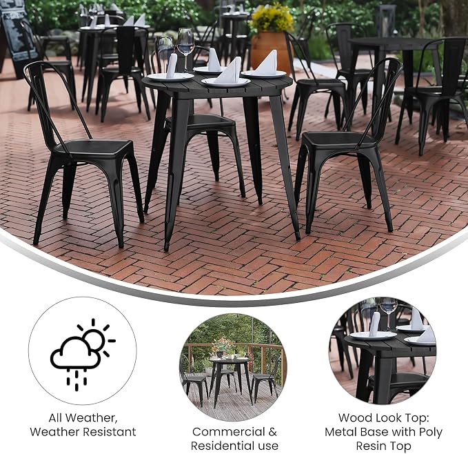Flash Furniture Declan Commercial Outdoor Dining Table, All Weather Poly Resin Top with Steel Base, 30" Round, Black/Black