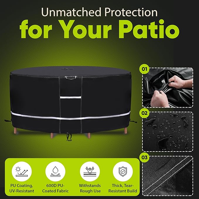 75" Round Patio Table Cover with Umbrella Hole, Waterproof 600D Heavy Duty Outdoor Furniture Cover, UV Resistant Windproof Patio Table and Chair Set Cover, All Weather Round Table Cover