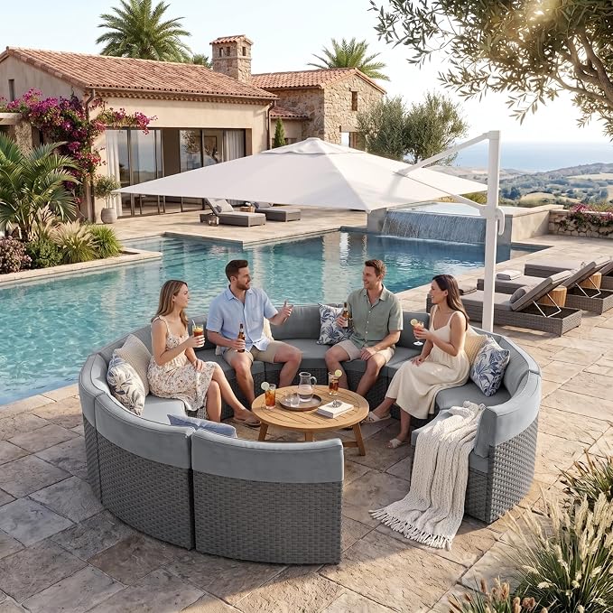ABCASA Outdoor Patio Furniture Set, 10 Pieces Half-Moon Curved Outdoor Sectional Sofa and Side Table Waterproof Cover, Wicker Rattan Patio Coversation Set for Porch,Backyard(Grey)