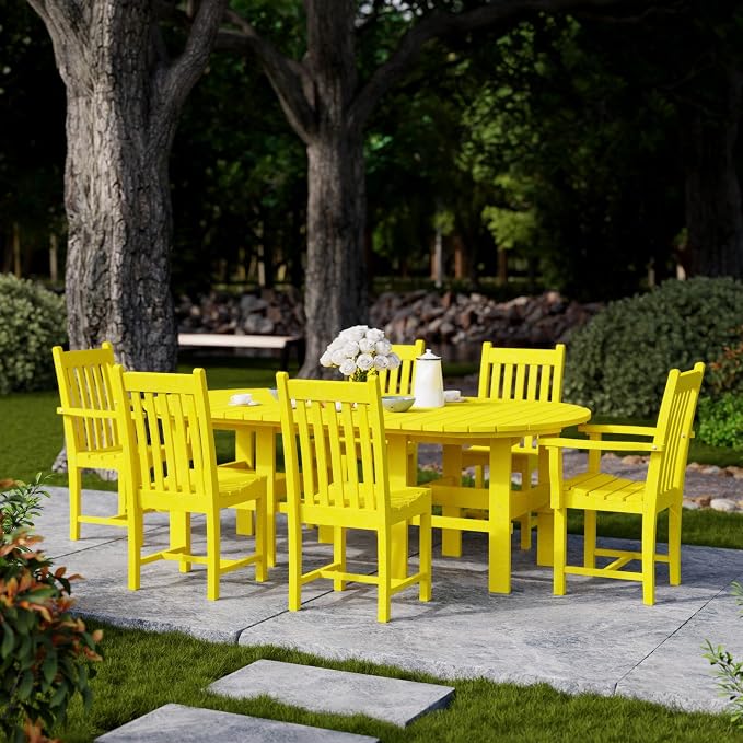 Wildridge Classic 7-Piece 44"x84" Dining Set, Lemon Yellow - Outdoor Weather Resistant Recycled Plastic Furniture for Patio