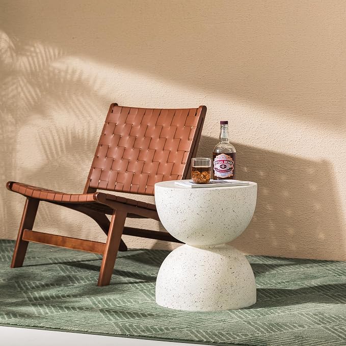 Glitzhome Outdoor Side Table, Round Small End Table with Terrazzo Finish MGO Hourglass Garden Stool, Set of 2 Lightweight Decorative Accent Table for Living Room Planter Stand Patio Pool Porch, White