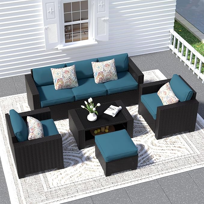 SHGJ&SOFT 7 Piece Patio Furniture Set, Wicker Outdoor Sectional Sofa with Washable Cushion Covers and Tempered Glass Table, Rattan Conversation Set for Poolside