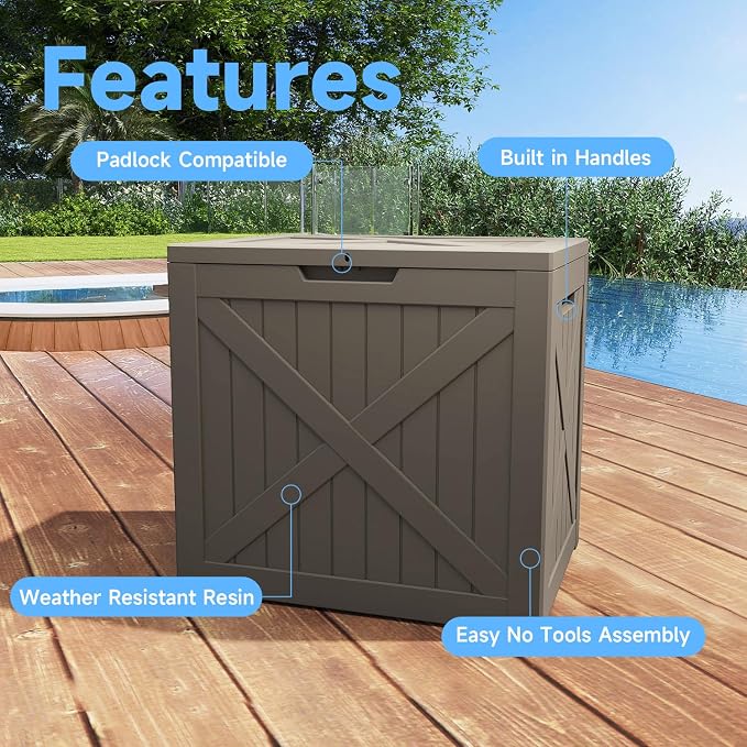 EasyUp 35 Gallon Deck Boxes Outdoor Waterproof, Weatherproof Outdoor Deck Box, Lockable Resin Storage Bench For Patio Cushions, Garden Tools And Pool Accessories, Gray