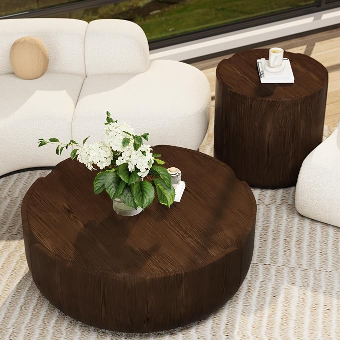 Round Outdoor Indoor Coffee Table Set, 2PC, 35.63" Modern Wood Grain Drum Center Table Set, Sturdy MGO Waterproof, No-Assembly, for Patio, Garden, Backyard, Living Room