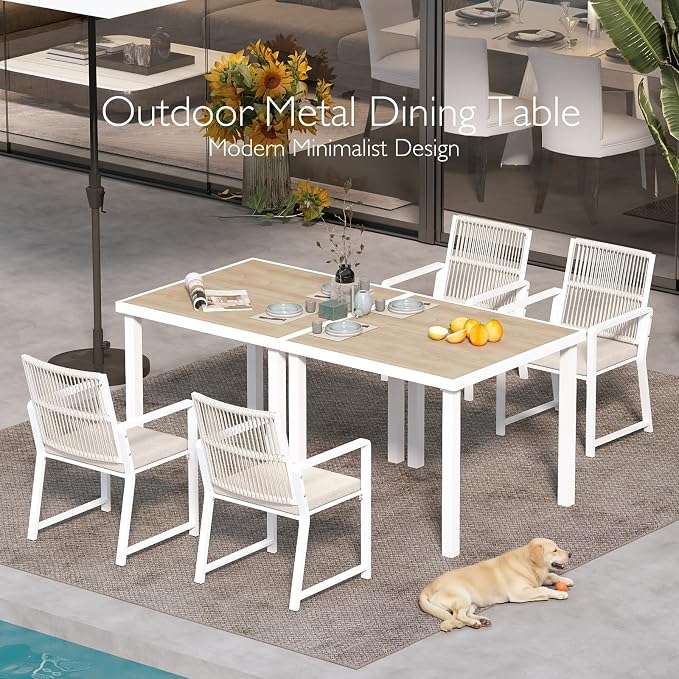 6 Pieces Metal Outdoor Dinning Set Featuring 2 Tables and 4 Ratten Chairs Waterproof and Rust-Proof Courtyard Style Table Garden Balcony Poolside, White 6 Pcs