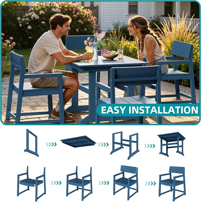JAMFLY 5 Piece Outdoor Dining Set, All Weather Patio Table and Chairs for Backyard Garden Deck Lawn Pool, Sturdy All Weather Outdoor Furniture Set, Blue