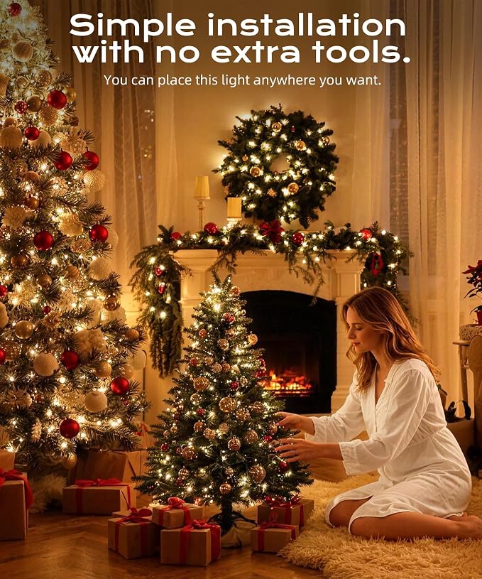 99ft 100 LED Warm White Christmas Fairy String Lights, Remote | 8 modes with timer function; perfect for indoor or outdoor house, bedroom & room aesthetic decoration or holiday party decor.